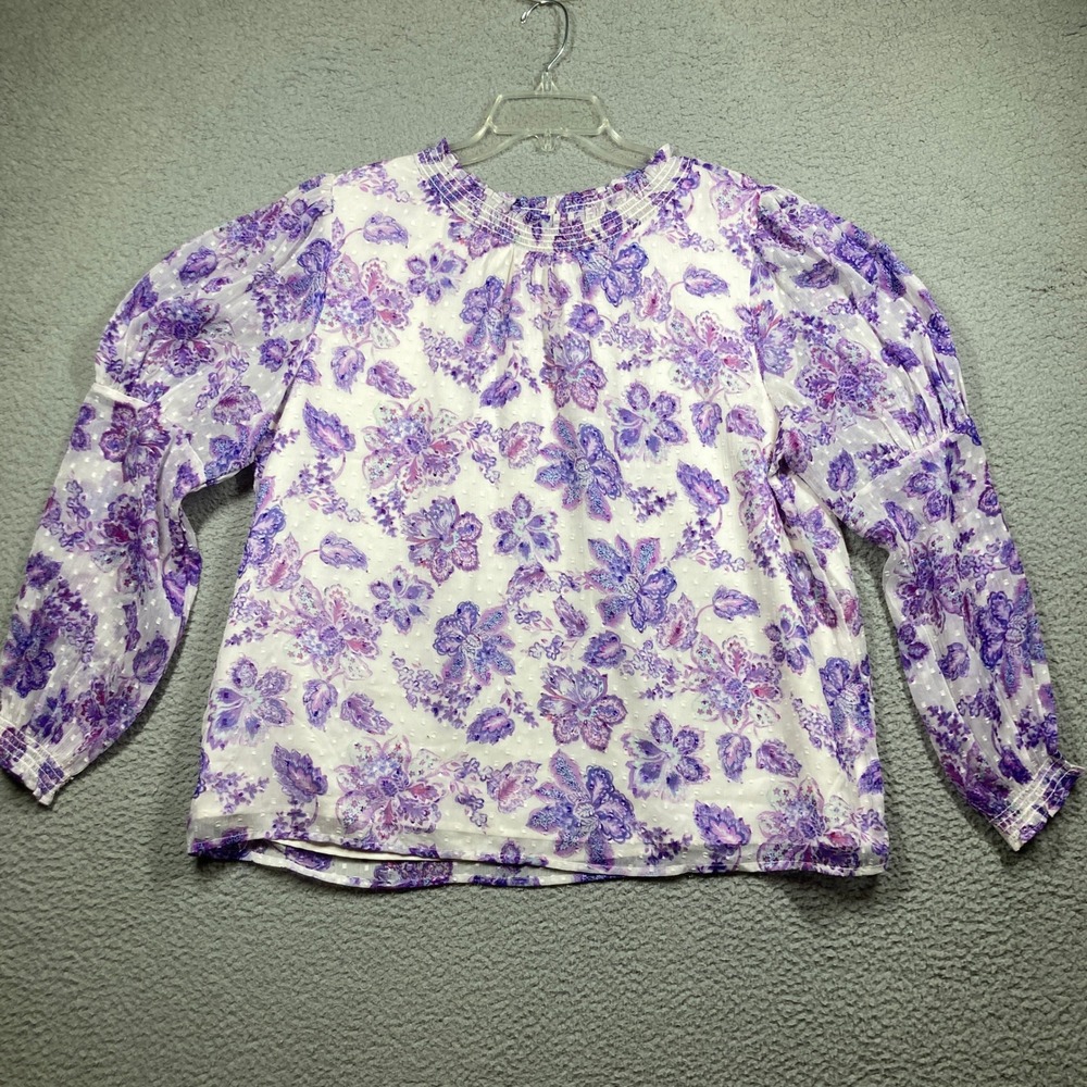 LOFT Blouse Women XL White Purple Floral Smocked Mock Neck Clip Dot Puff Sleeve